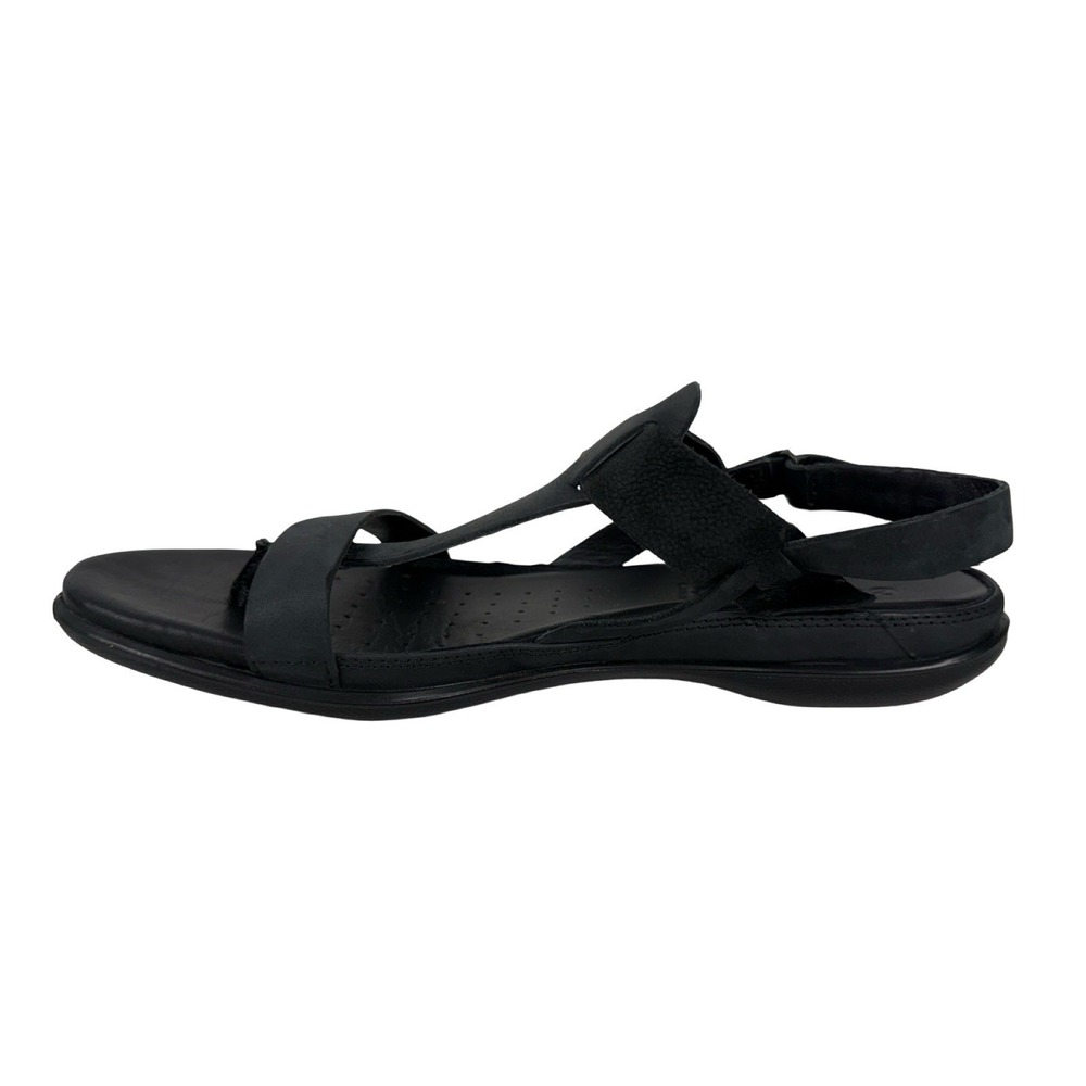 ECCO Flash Strappy Sandal Flat T-Strap Womens US 10 Black Leather Nubuck Comfort - Picture 2 of 10